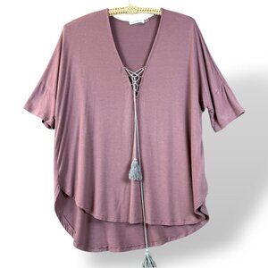 The Hanger Top Womens Sz M Mauve Short-Sleeve V-Neck Lace-Up Tassel Tie Tee Boho